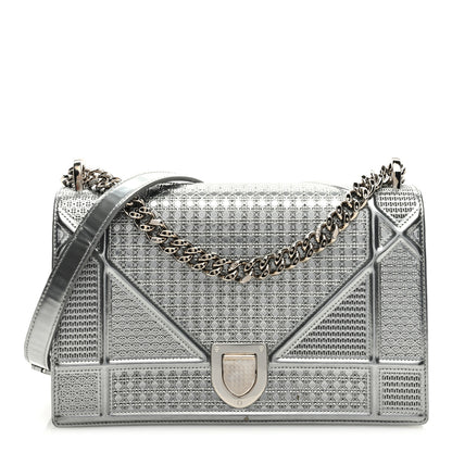 Christian Dior CHRISTIAN DIOR Metallic Patent Micro-Cannage Medium Diorama Flap Bag Silver 1 of 9