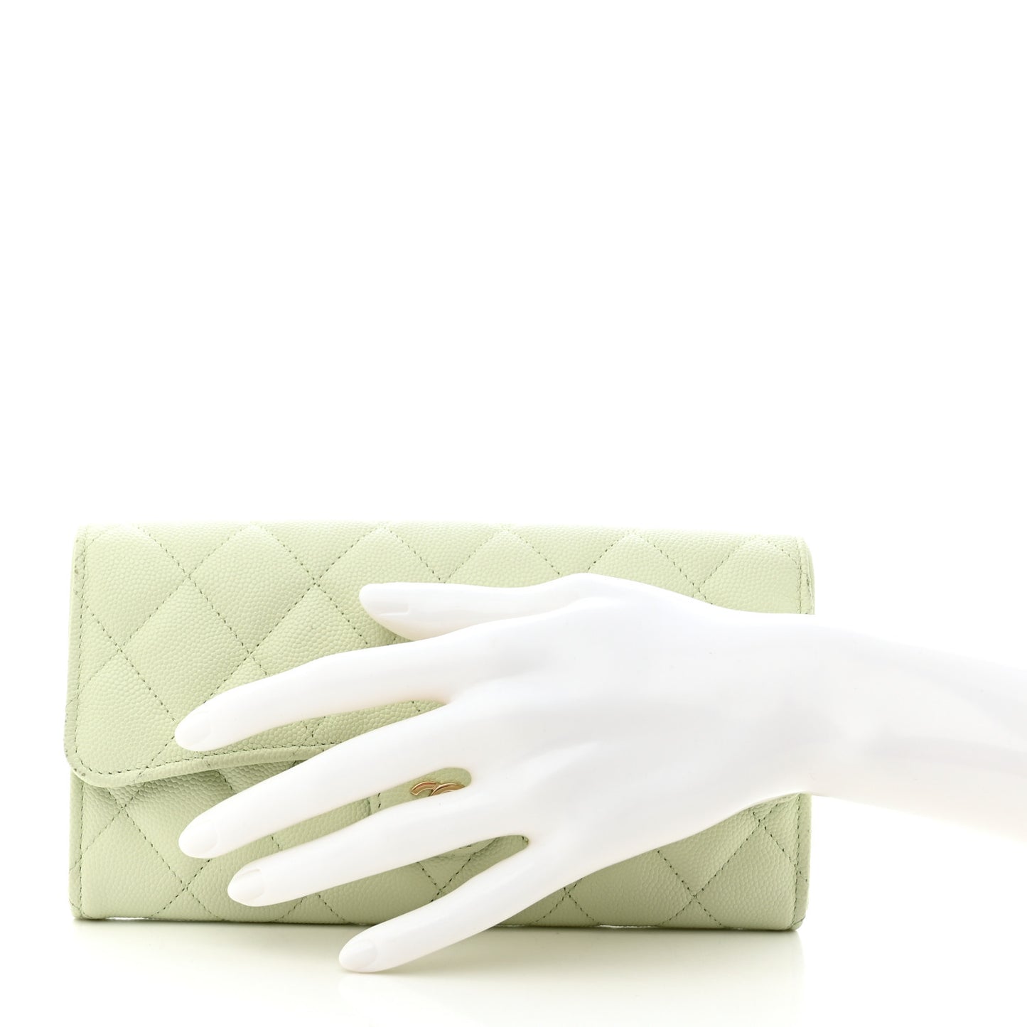 Caviar Quilted Large Gusset Flap Wallet Light Green