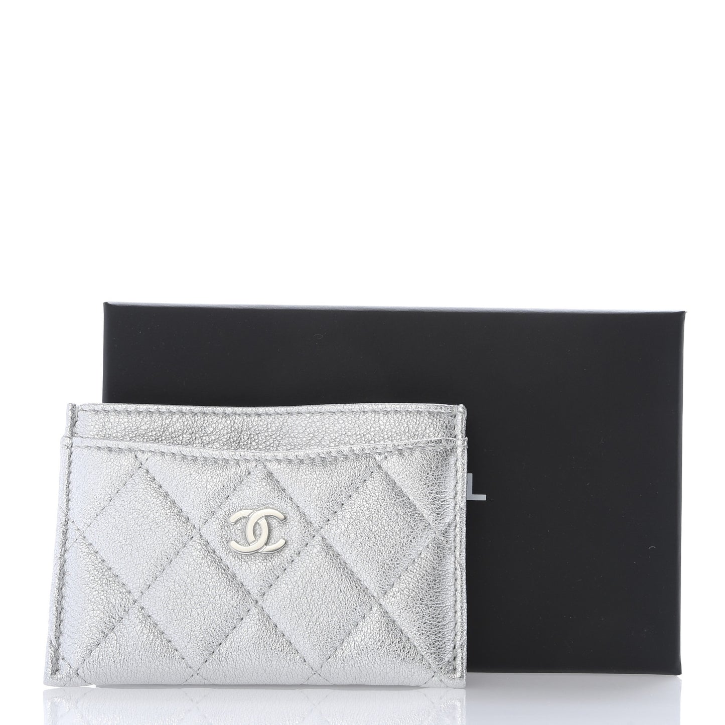 Metallic Lambskin Quilted Card Holder Silver