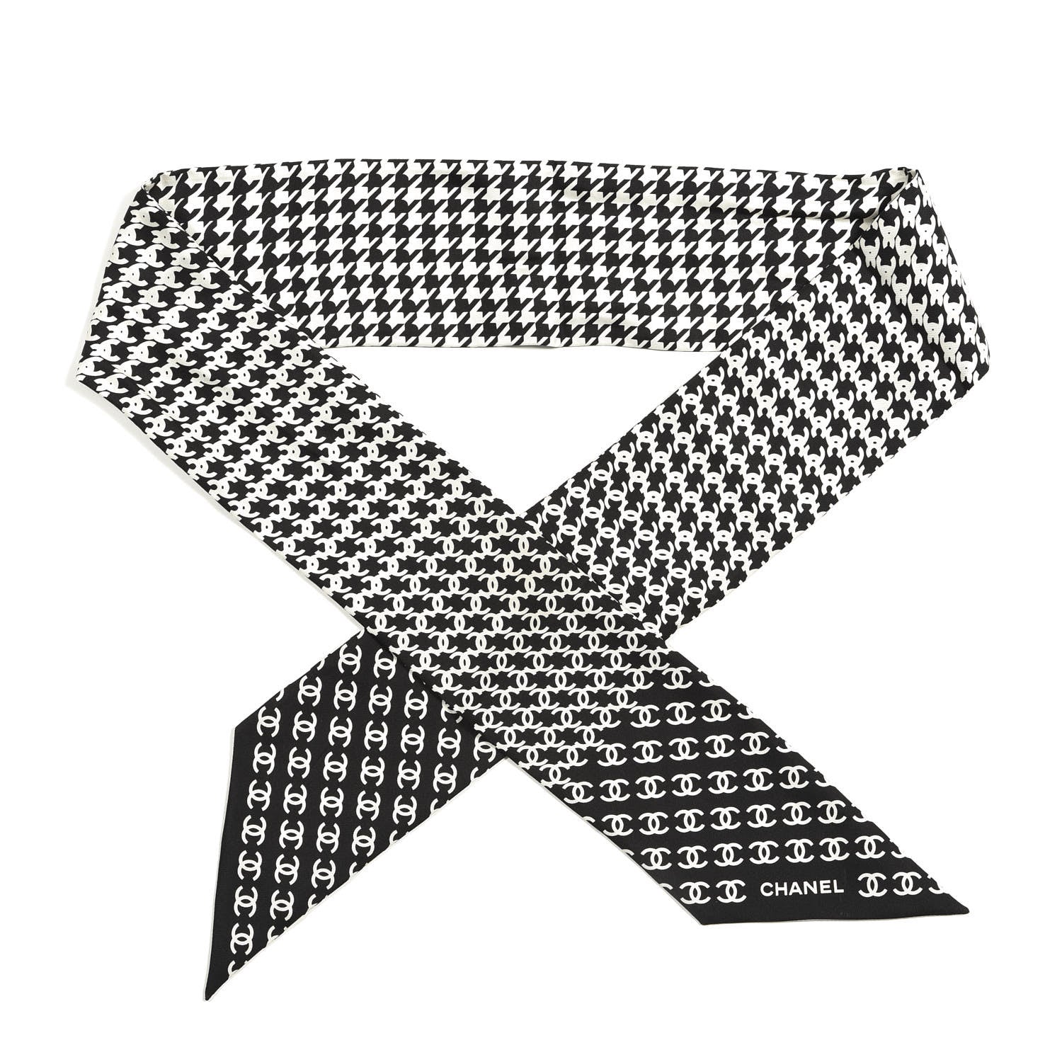 Chanel Silk Twill Houndstooth Slim Bandeau Scarf Black Ecru 1 of 3