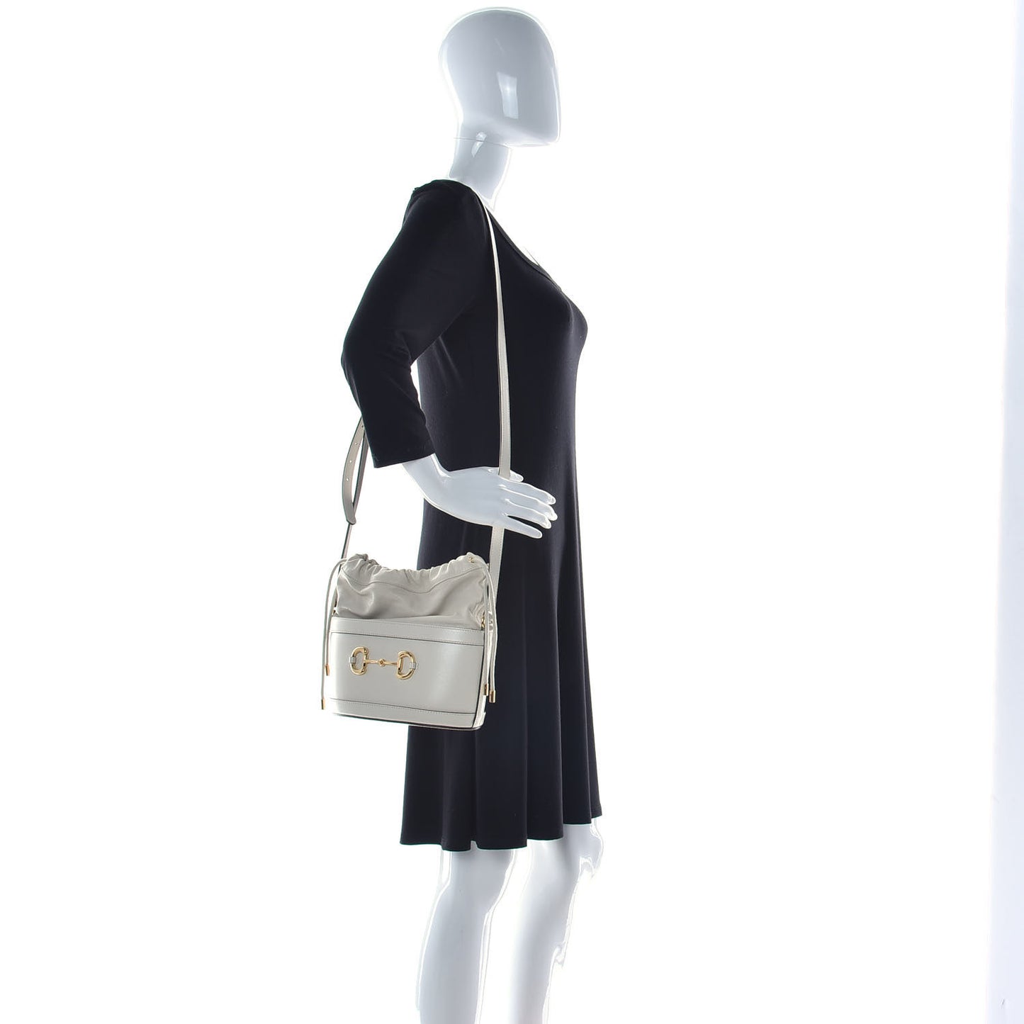 Azalea Sakai Calfskin Horsebit 1955 Drawstring Bucket Bag Mystic White