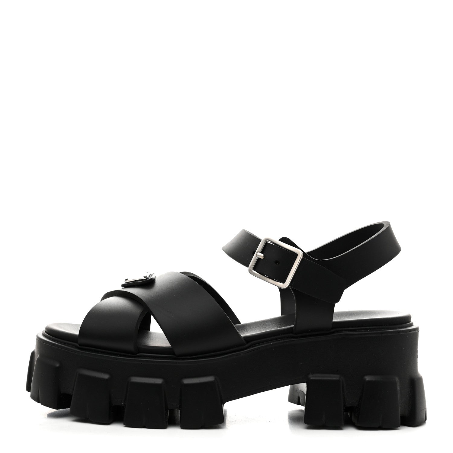 Prada Foam Rubber Metal Triangle Logo Monolith 55mm Soft Cage Sandals 37 Black 1 of 10