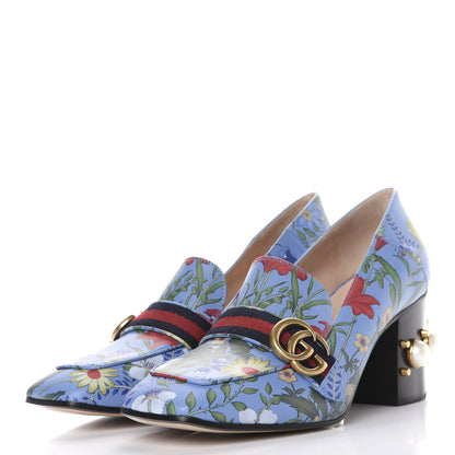 Gucci Apollo Calfskin Web Pearl New Flora Peyton 75mm Loafer Pumps 41 Azure 3 of 11