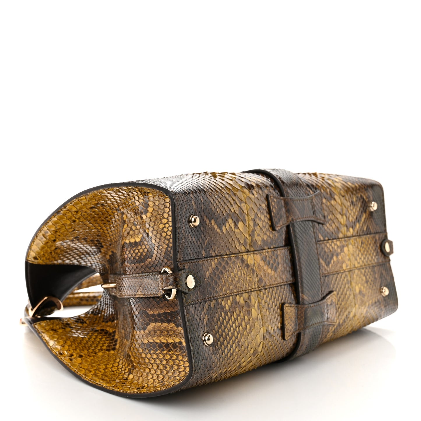 Snakeskin Medium Stirrup Top Handle Bag Yellow Brown
