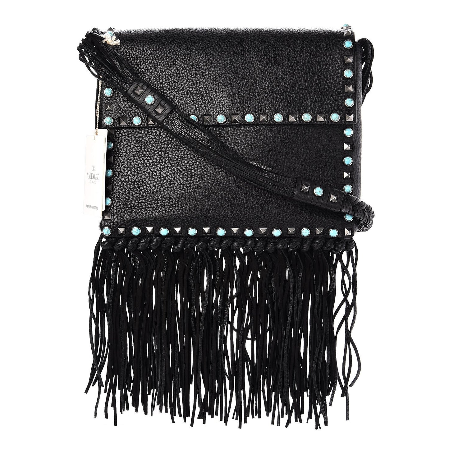 Pebbled Calfskin Rockstud Rolling Fringe Messenger Black