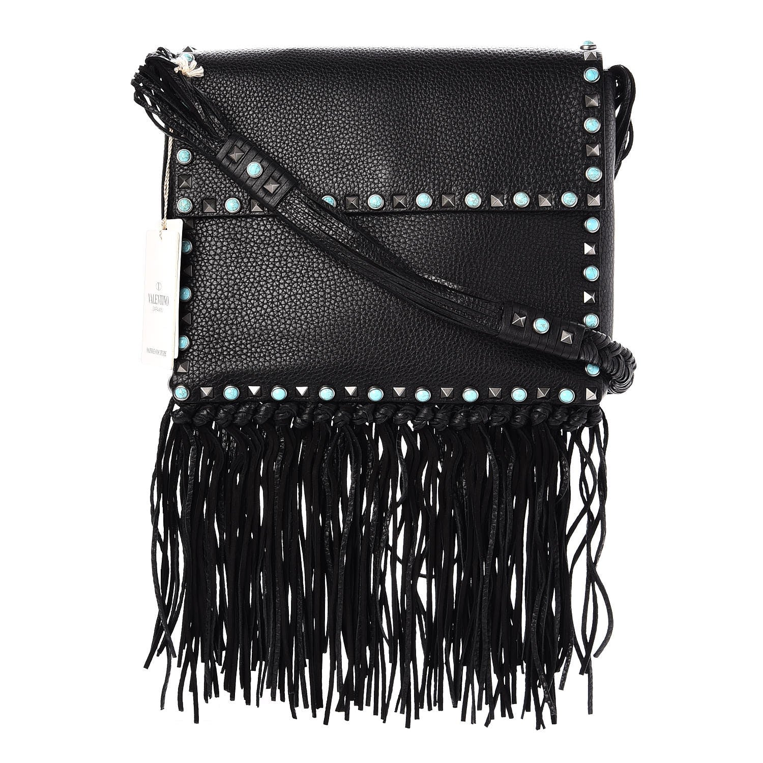 Valentino Garavani Pebbled Calfskin Rockstud Rolling Fringe Messenger Black 1 of 6