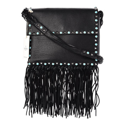 Valentino Garavani Pebbled Calfskin Rockstud Rolling Fringe Messenger Black 1 of 6