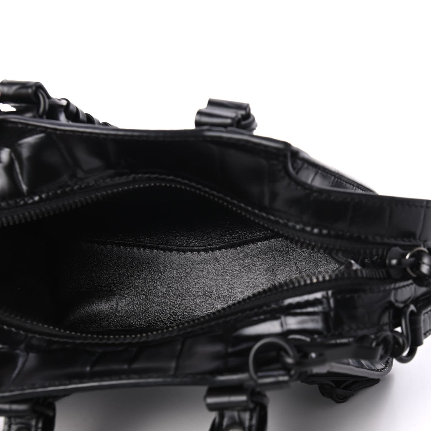 Semi Shiny Calfskin Crocodile Embossed Neo Classic Black Hardware Nano City Crossbody Black