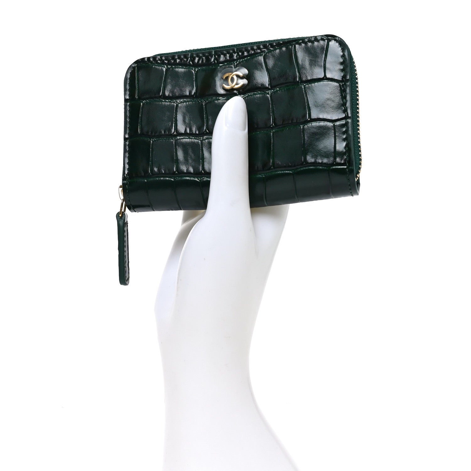 Chanel Calfskin Crocodile Embossed Crococo Coin Purse Emerald