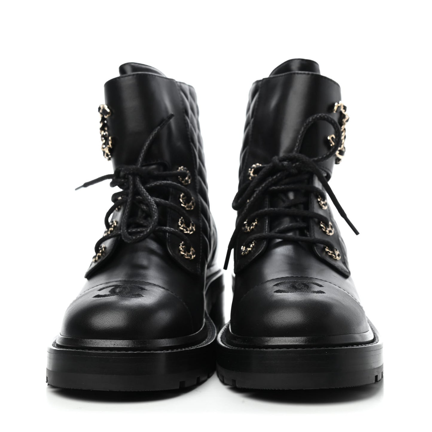 Shiny Lambskin Quilted Lace Up Combat Boots 39 Black
