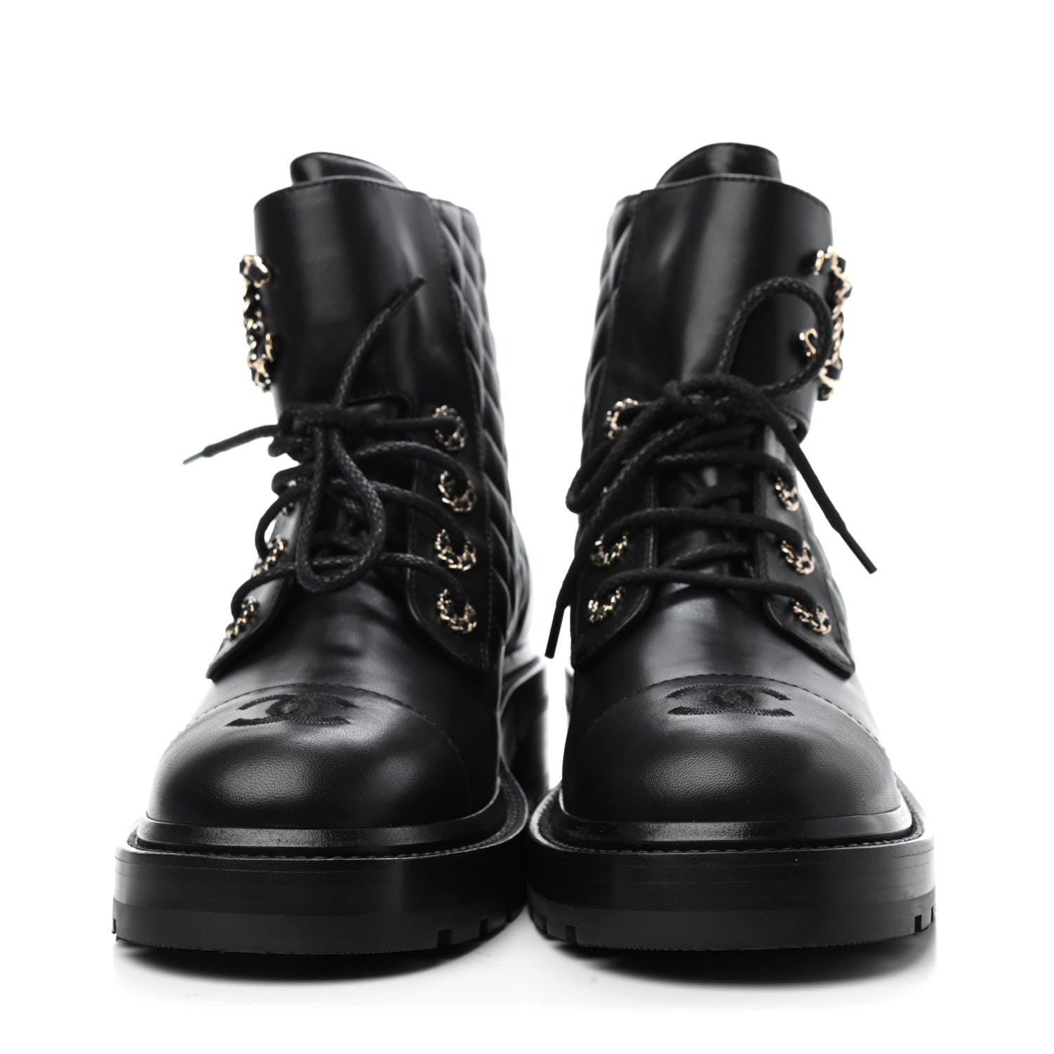 Chanel Shiny Lambskin Quilted Lace Up Combat Boots 39 Black 2 of 4
