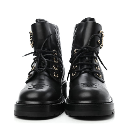 Chanel Shiny Lambskin Quilted Lace Up Combat Boots 39 Black 2 of 4