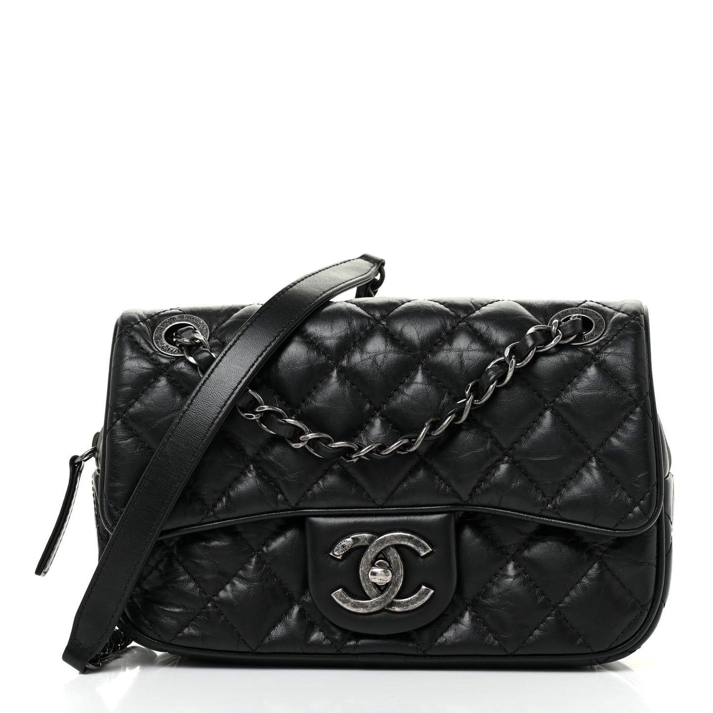 Aged Calfskin Quilted Small Easy Flap Black