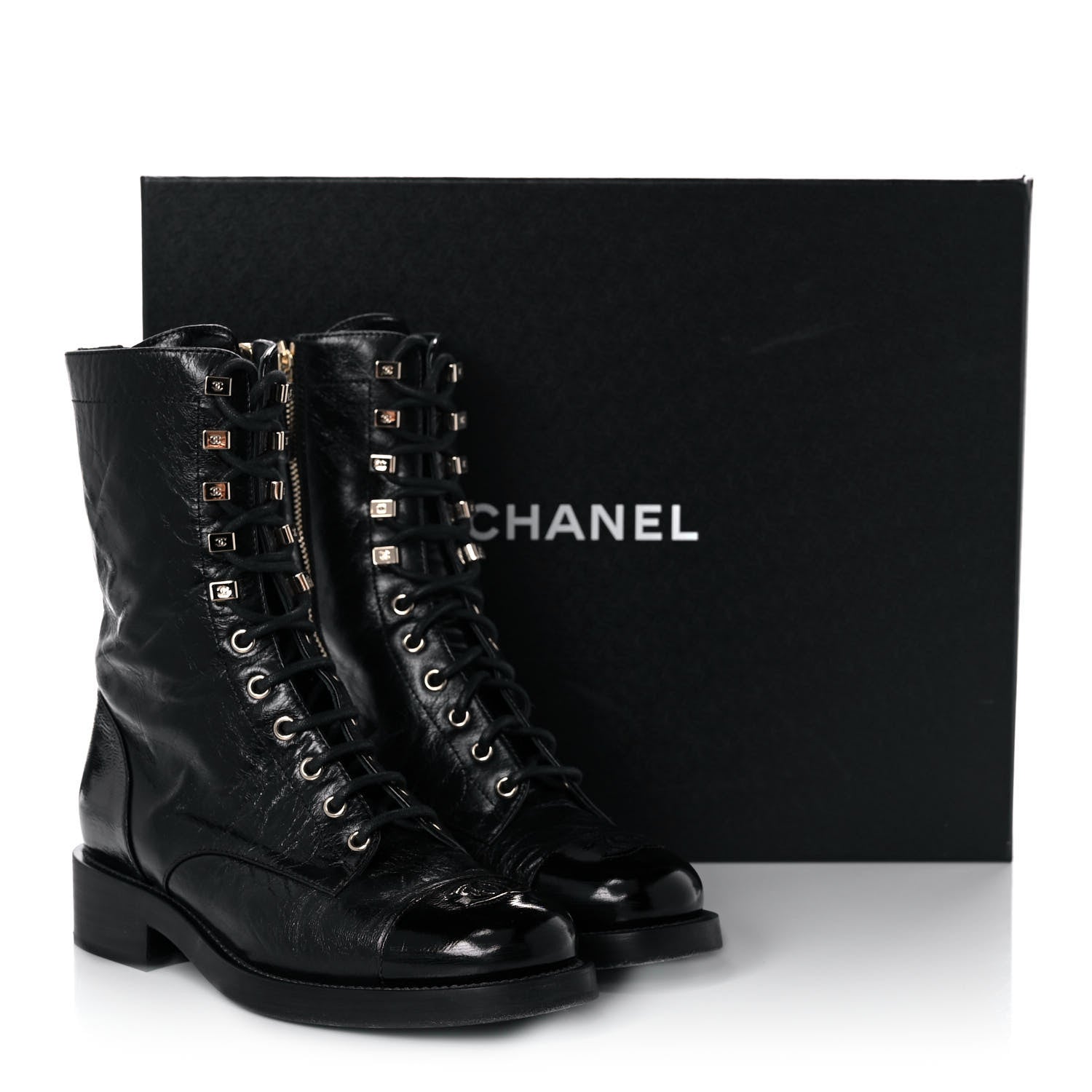 Chanel Aged Calfskin Lace Up Combat Boots 37.5 Black 9 of 9
