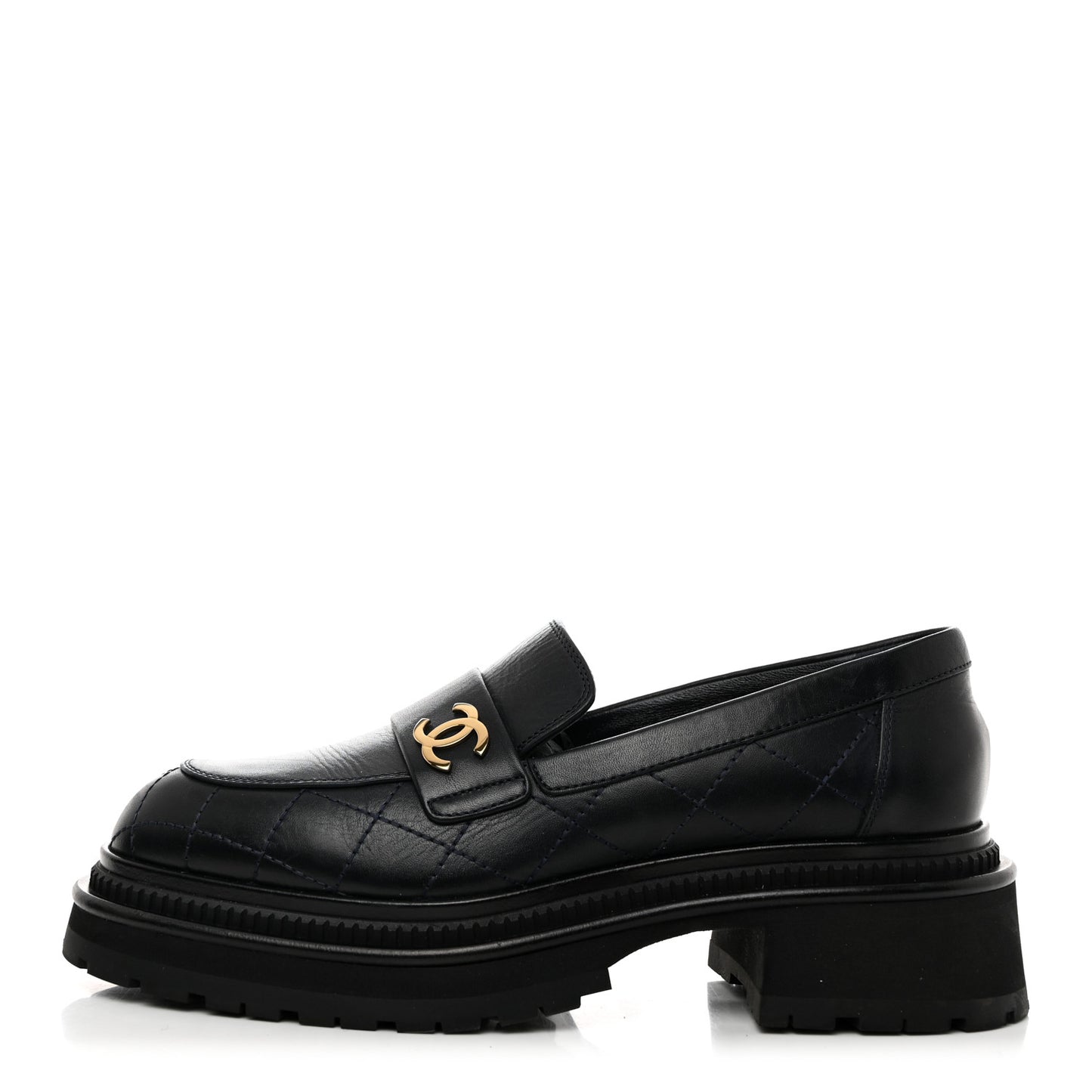 Calfskin Quilted CC Mocassin Loafers 37.5 Navy Blue