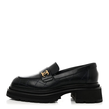 Chanel Calfskin Quilted CC Mocassin Loafers 37.5 Navy Blue 1 of 9
