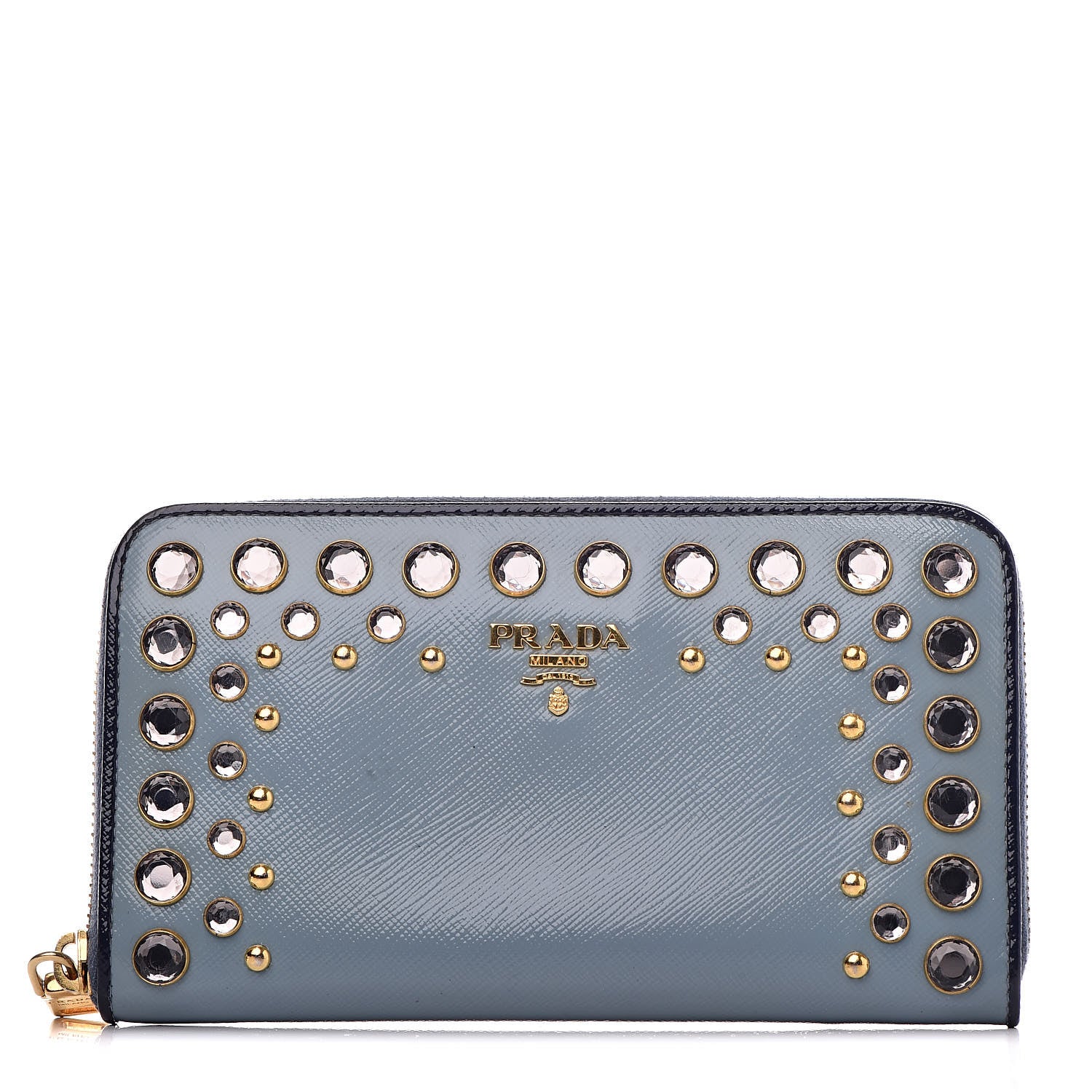 Prada Saffiano Vernice Crystal Studded Zip Around Wallet Blue 1 of 13