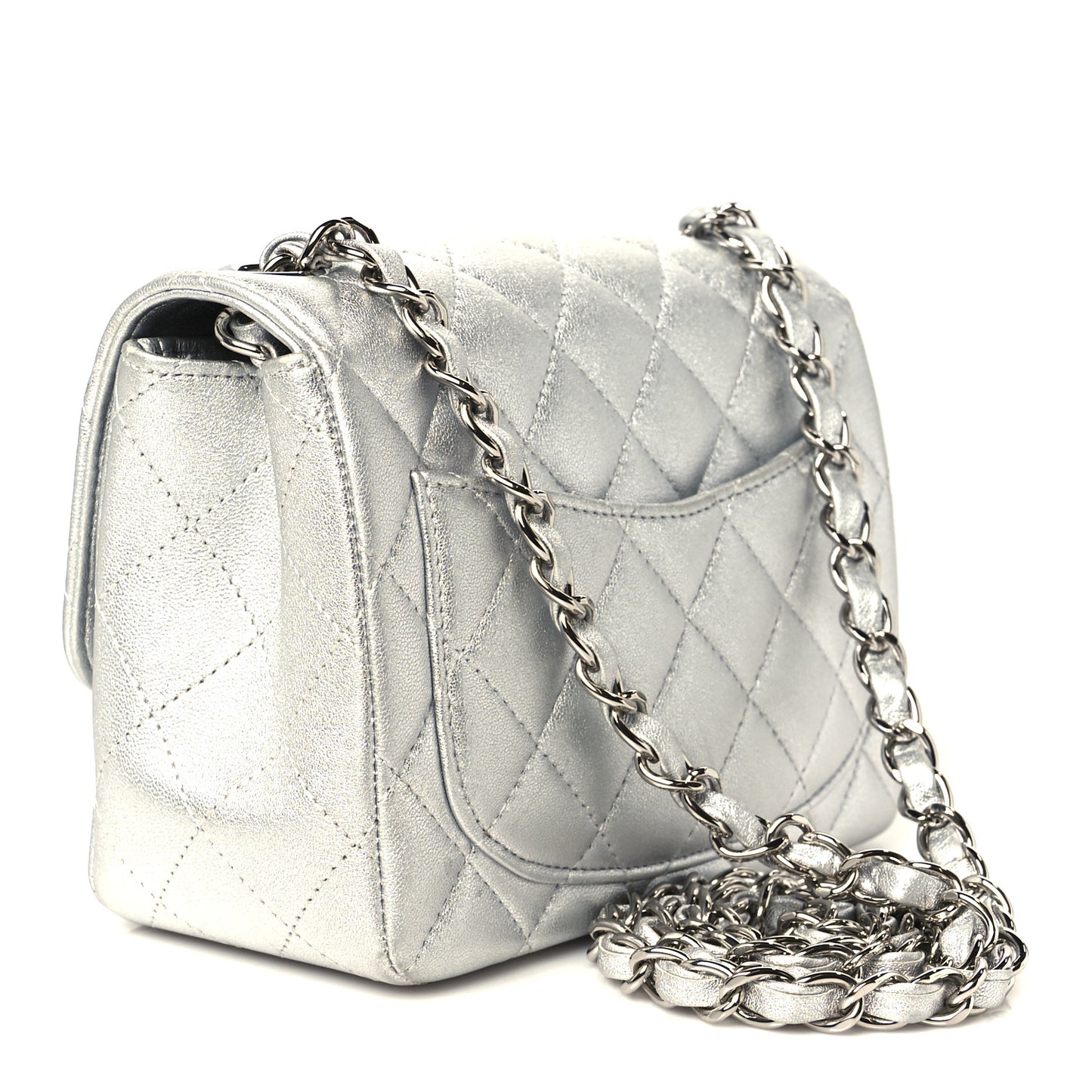 Metallic Lambskin Quilted Mini Square Flap Silver