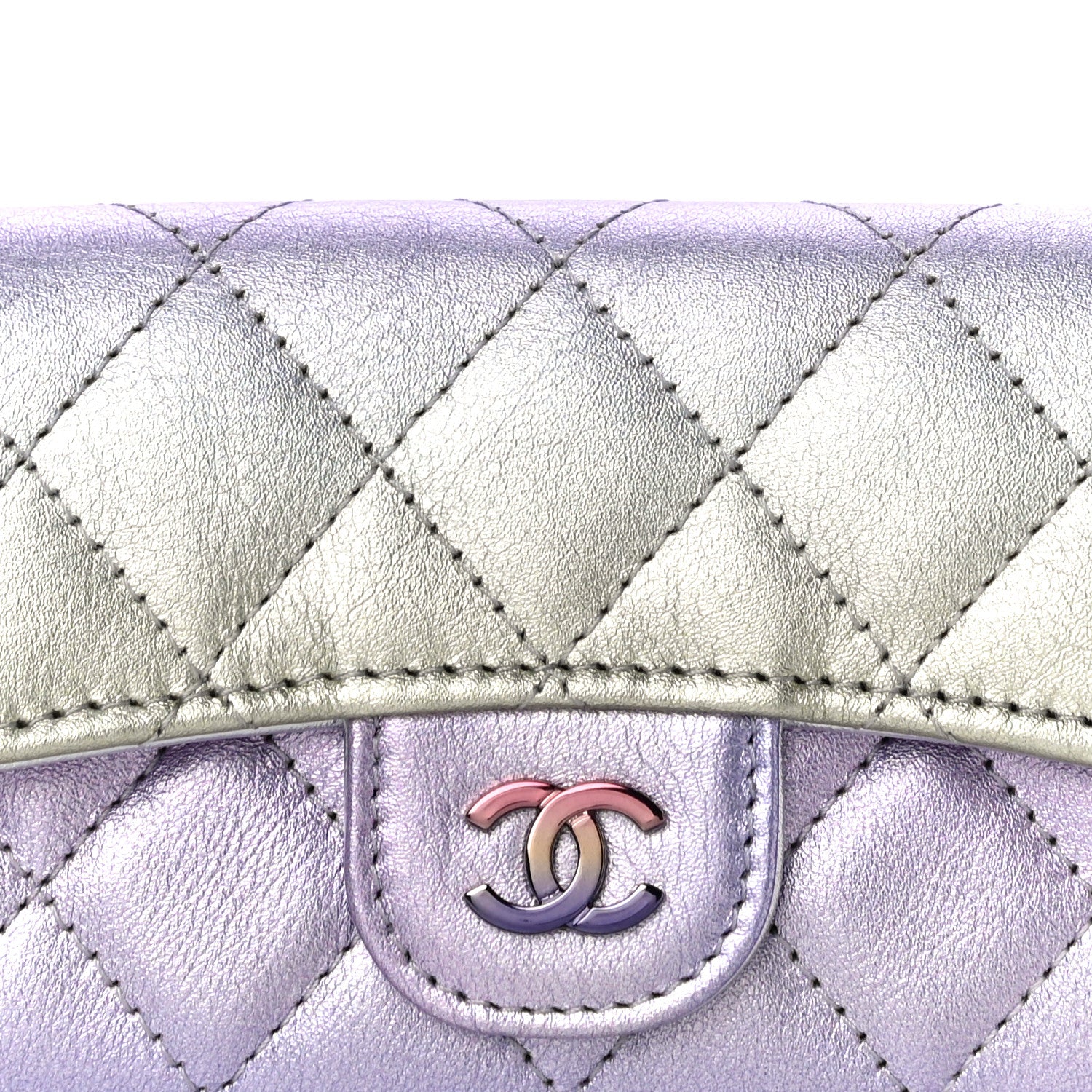 Chanel Gradient Metallic Calfskin Quilted Flap Card Holder Wallet Silver Blue Yellow Purple 9 of 12