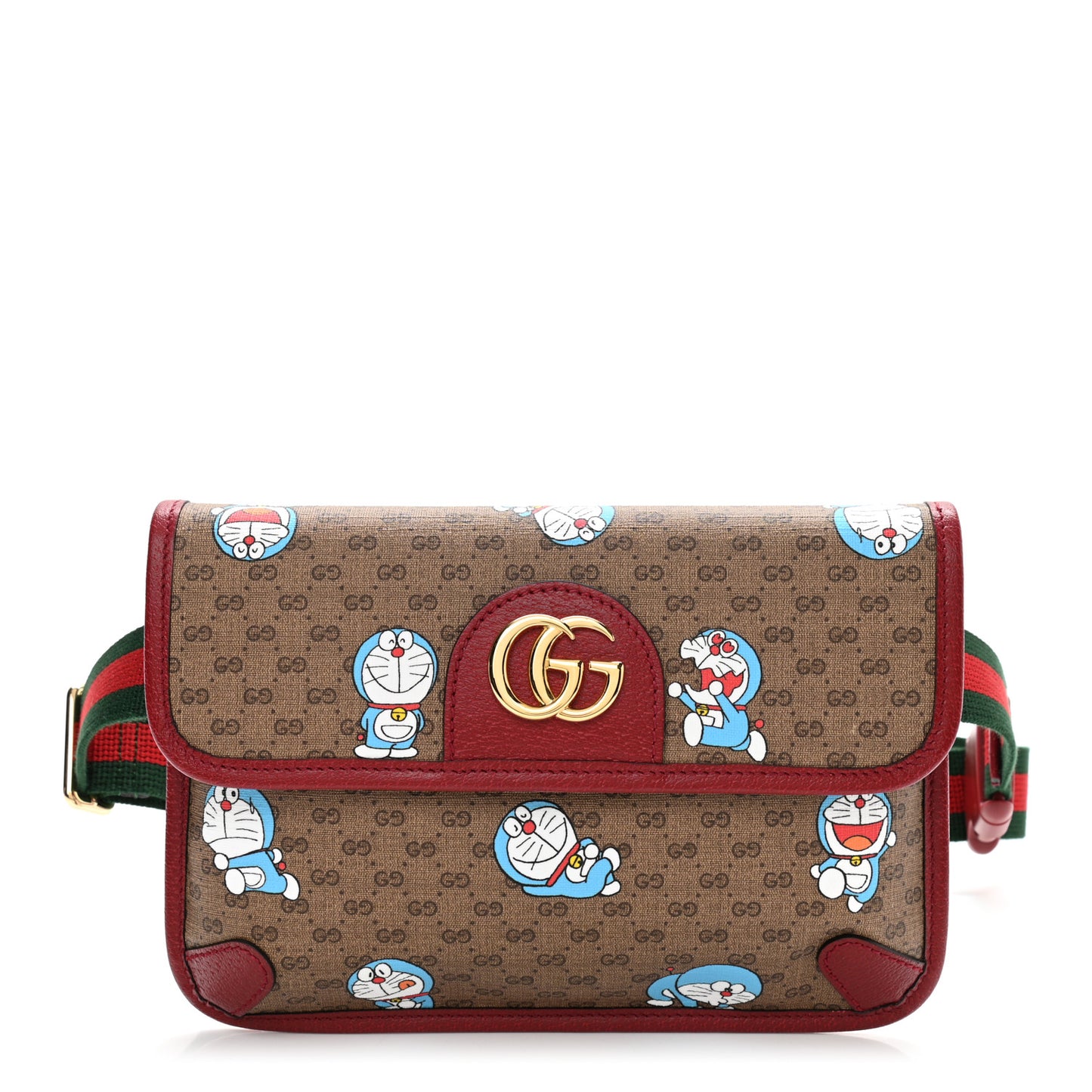 X DORAEMON Mini Vintage GG Supreme Monogram Web Slim Belt Bag Beige Cherry Red