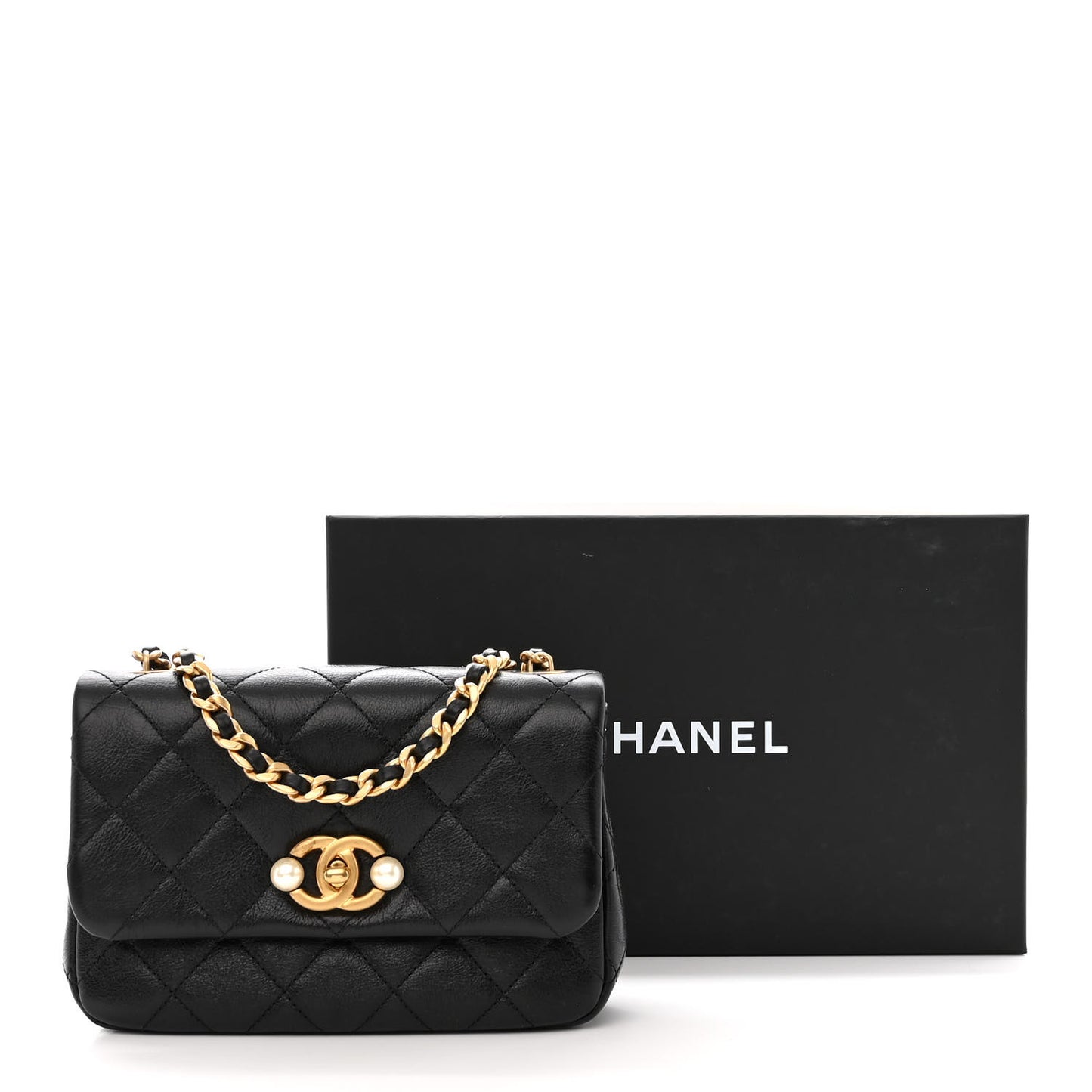 Glazed Calfskin Quilted Mini Pearl Side Flap Black