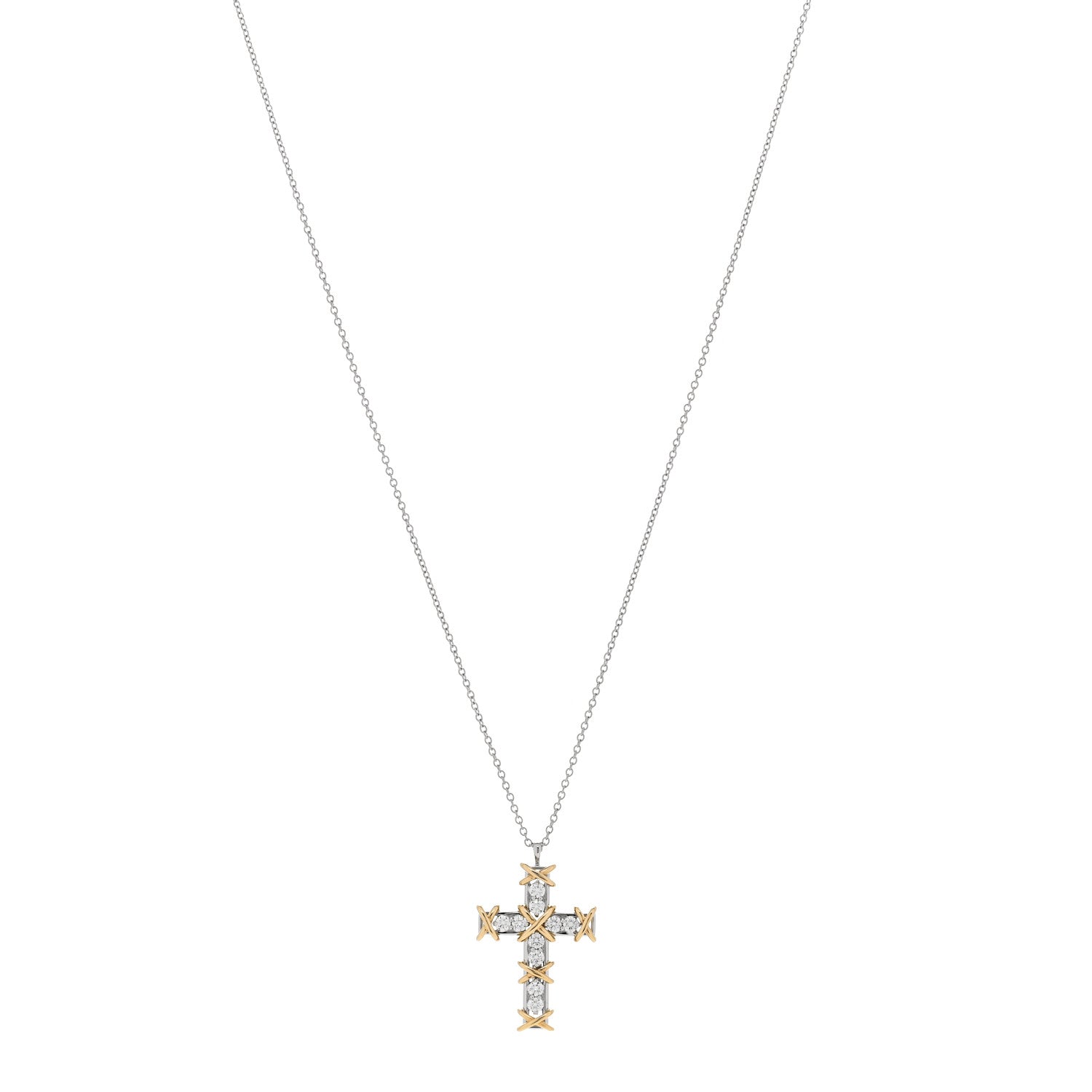 Tiffany Platinum 18K Yellow Gold Diamond Schlumberger Ten Stone Cross Pendant Necklace 1 of 5