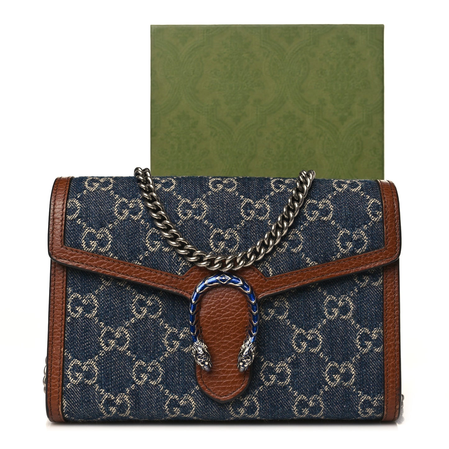 New Denim GG Monogram Dollar Calfskin Enamel Mini Dionysus Chain Wallet Blue Tea Cuir Epilog Electric Blue