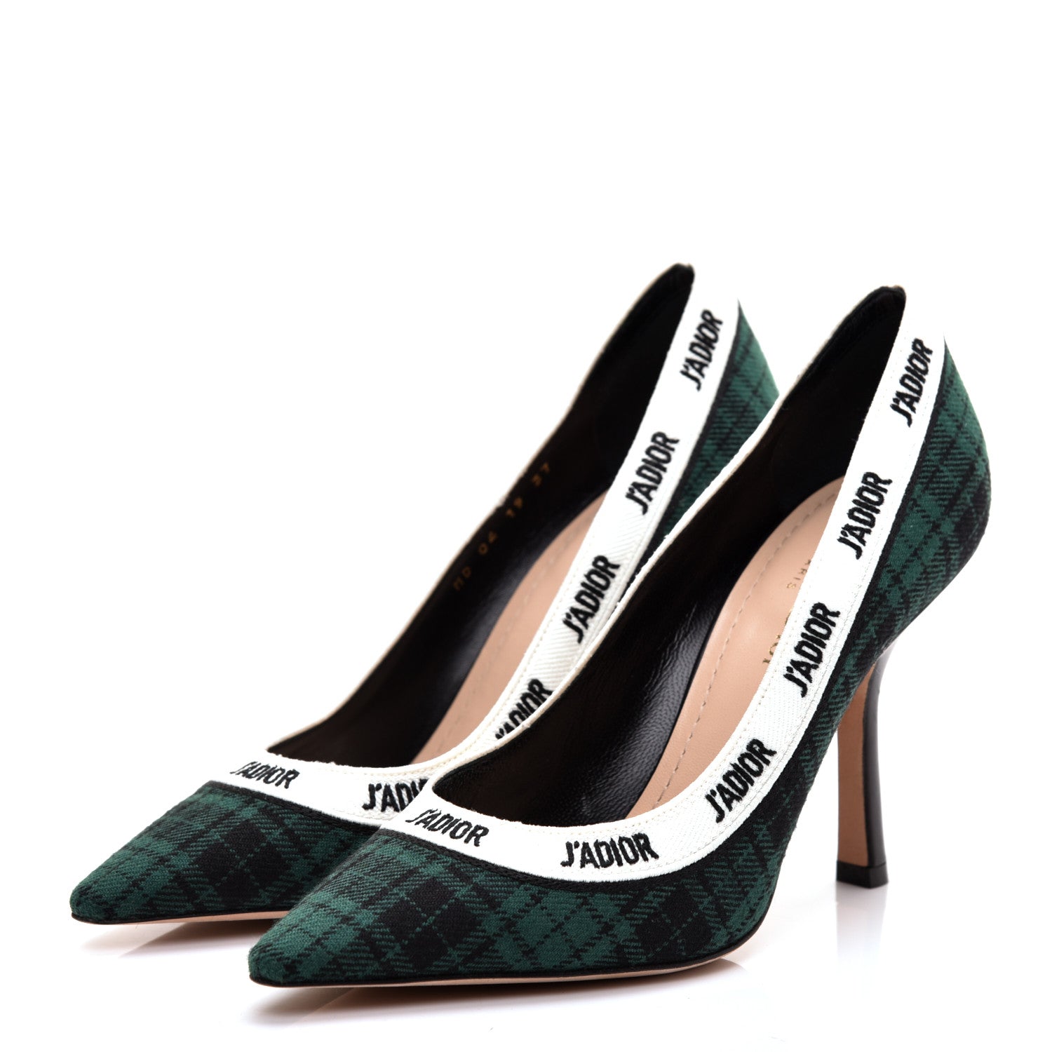 Christian Dior Canvas Ribbon Tartan Print Embroidered J'Adior 100mm Pumps 37 Black Green 3 of 9