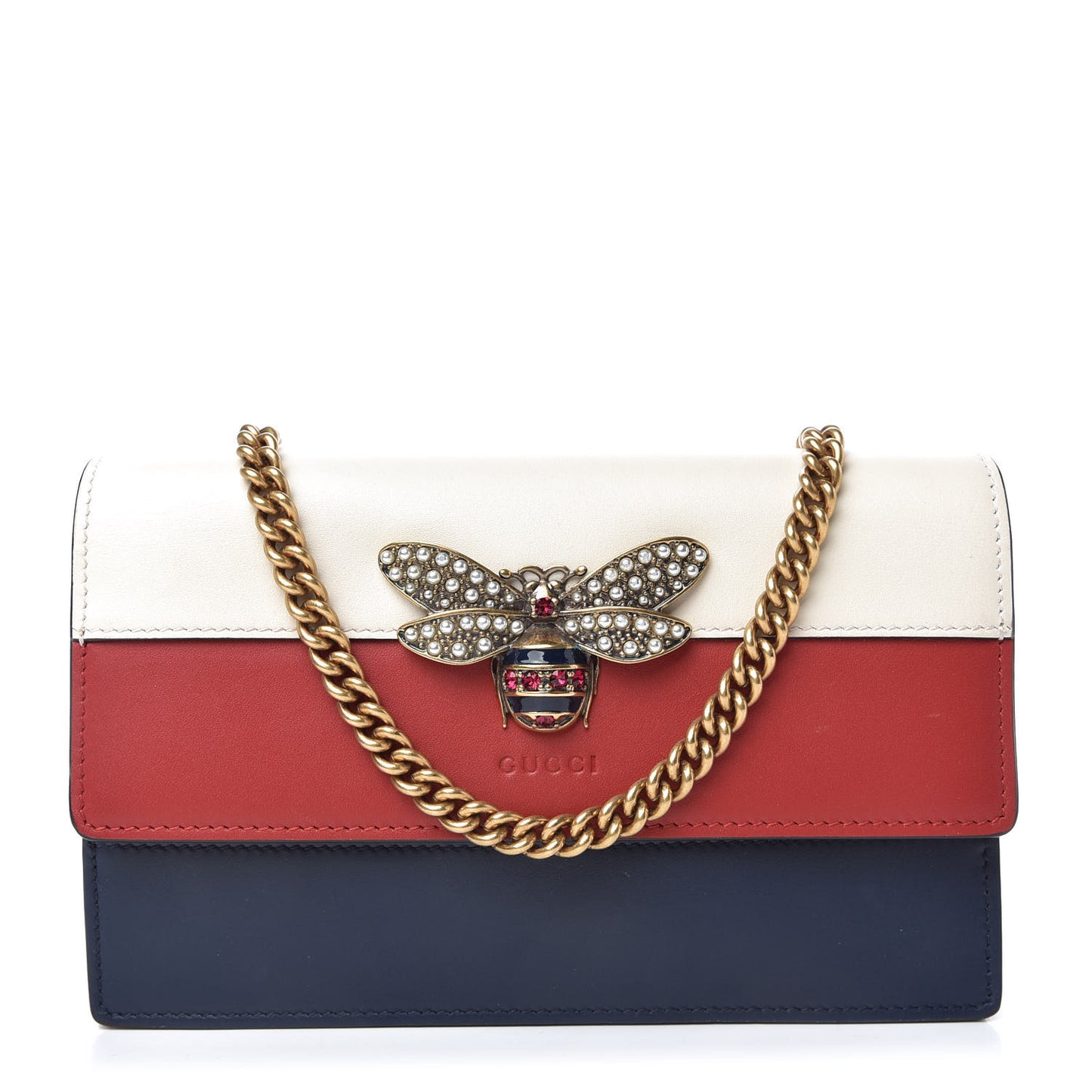 Calfskin Queen Margaret Chain Wallet Blue Agata Hibiscus Red Mystic White