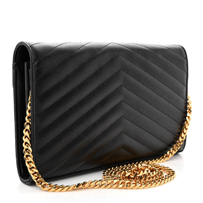Saint Laurent Grain De Poudre Matelasse Chevron Monogram Chain Wallet Black 3 of 12