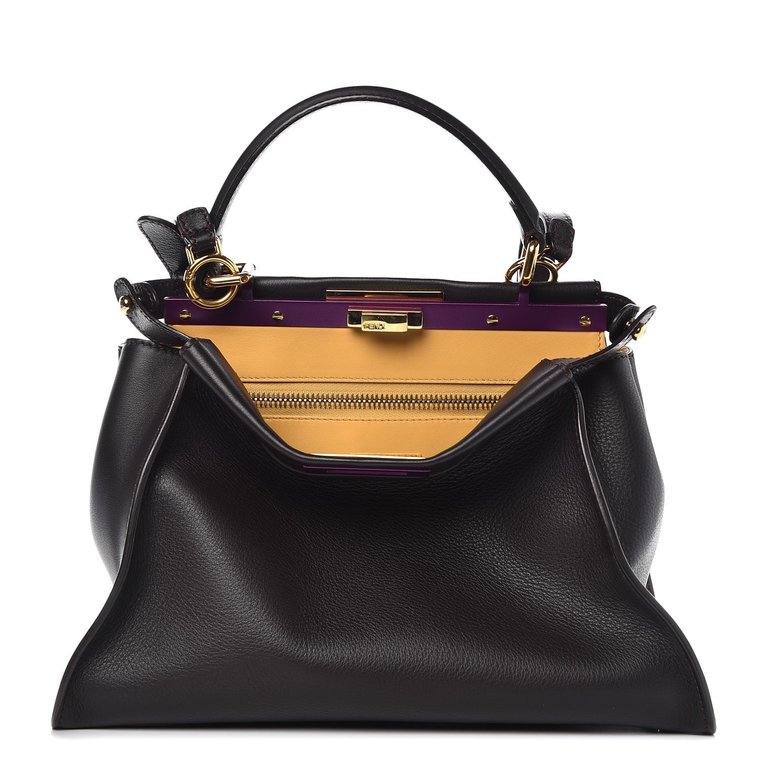 Fendi Vitello Seta Shiny Nappa Medium Peekaboo Iconic Satchel Dark Brown Yellow 1 of 14
