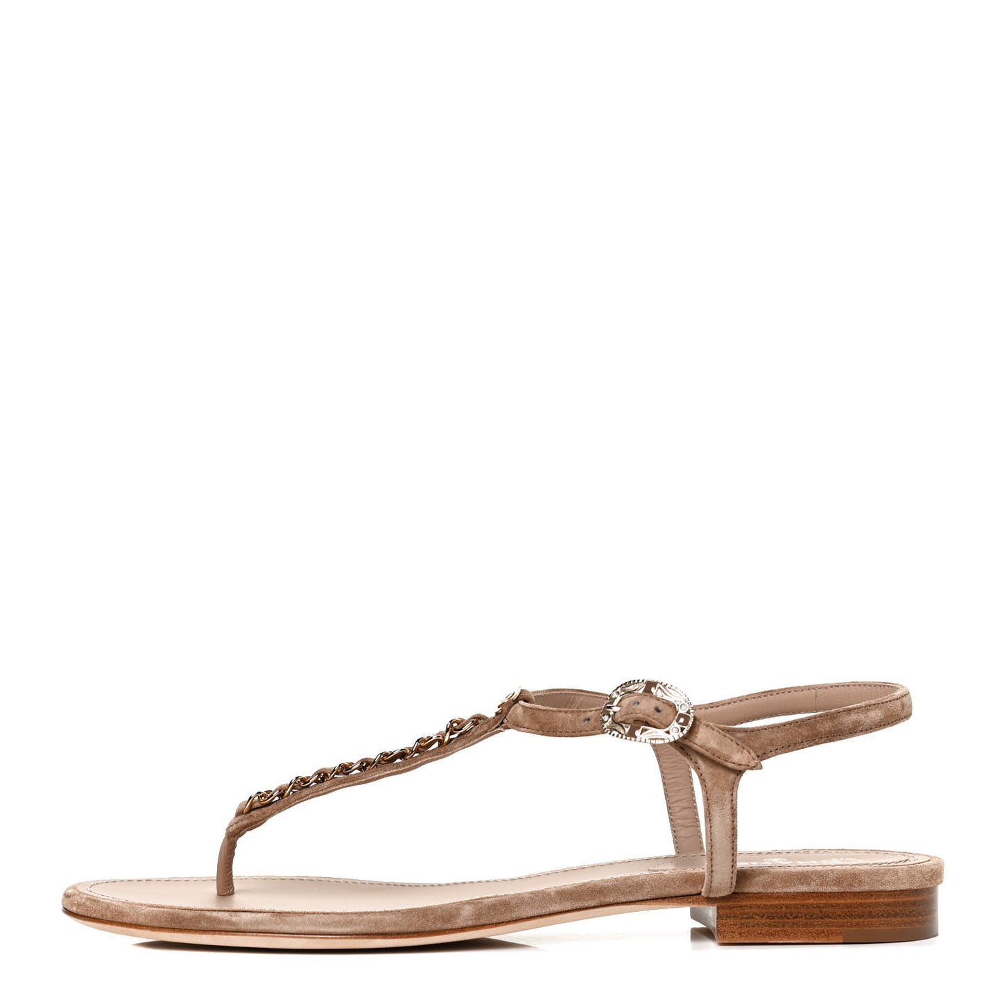 Suede Calfskin Chain Thong Sandals 41 Beige
