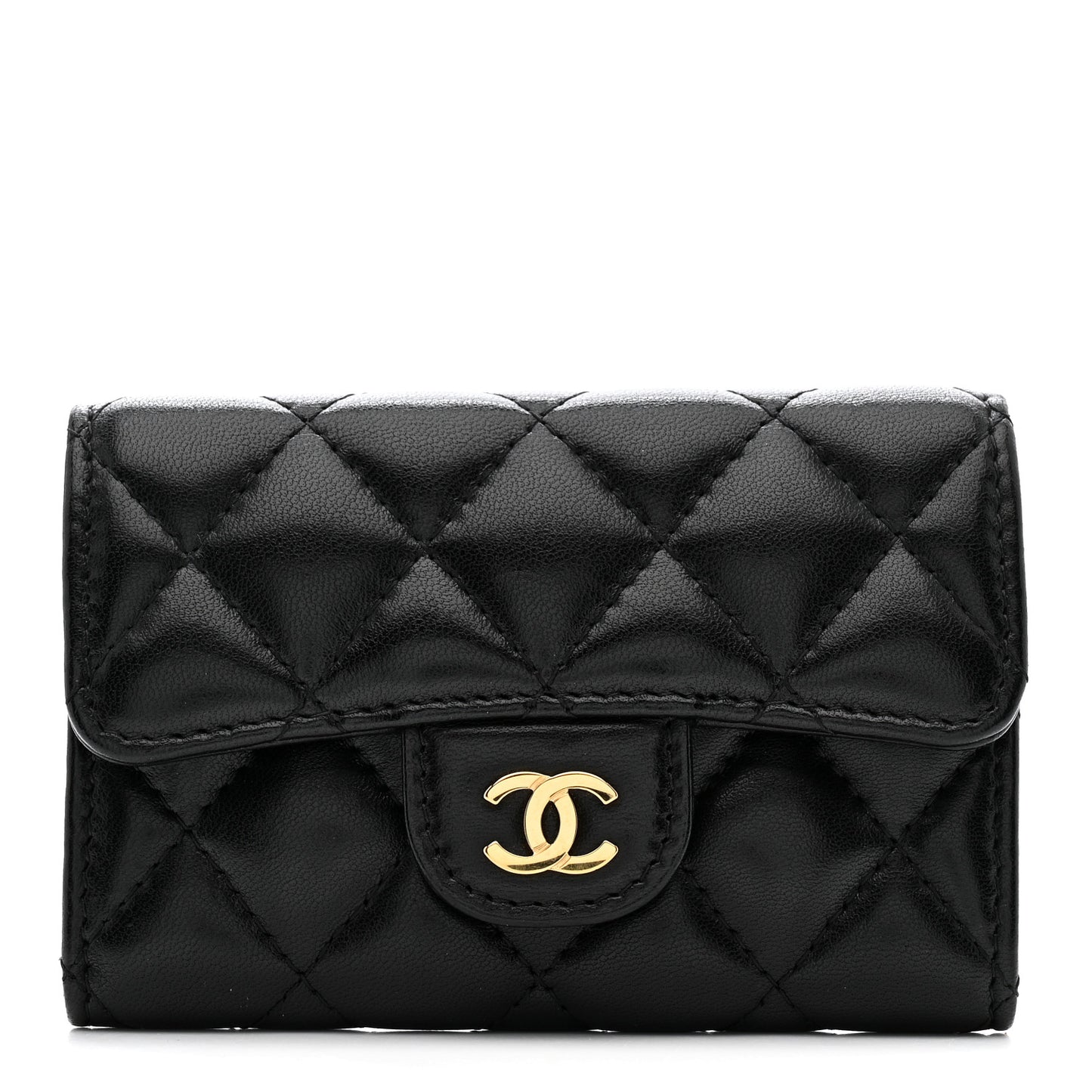 Lambskin Quilted Flap Card Holder Wallet Black