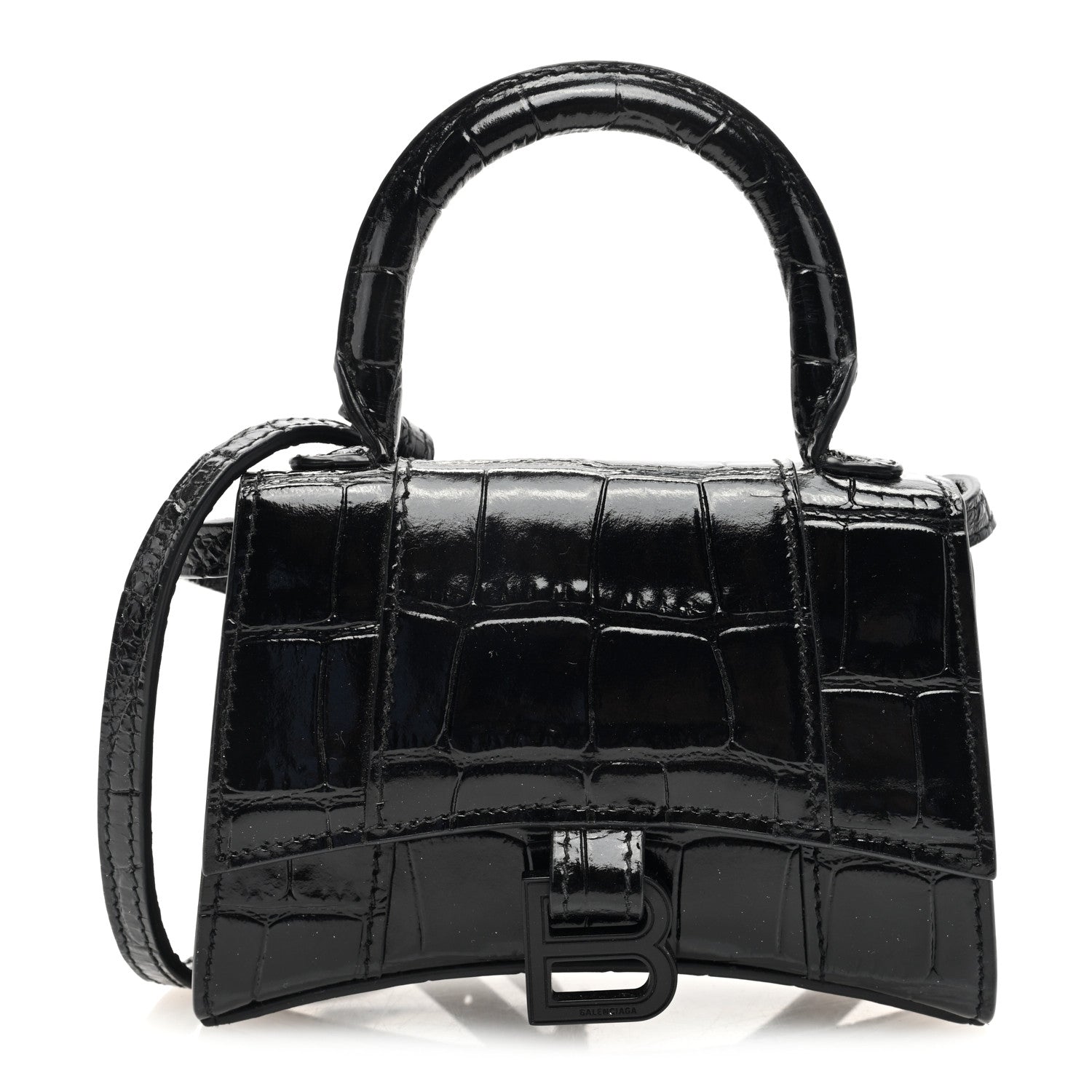 Balenciaga Shiny Calfskin Monochrome Crocodile Embossed Hourglass Top Handle Bag Mini Black 1 of 9