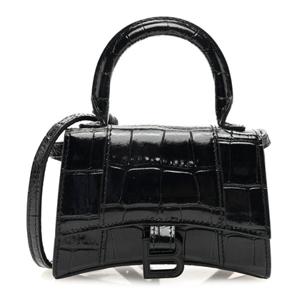 Balenciaga Shiny Calfskin Monochrome Crocodile Embossed Hourglass Top Handle Bag Mini Black 1 of 9
