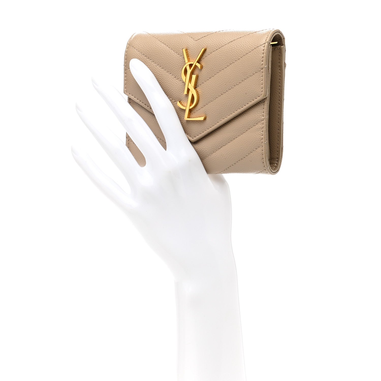 Saint Laurent Grain De Poudre Matelasse Chevron Monogram Compact Tri Fold Wallet Light Taupe 2 of 7