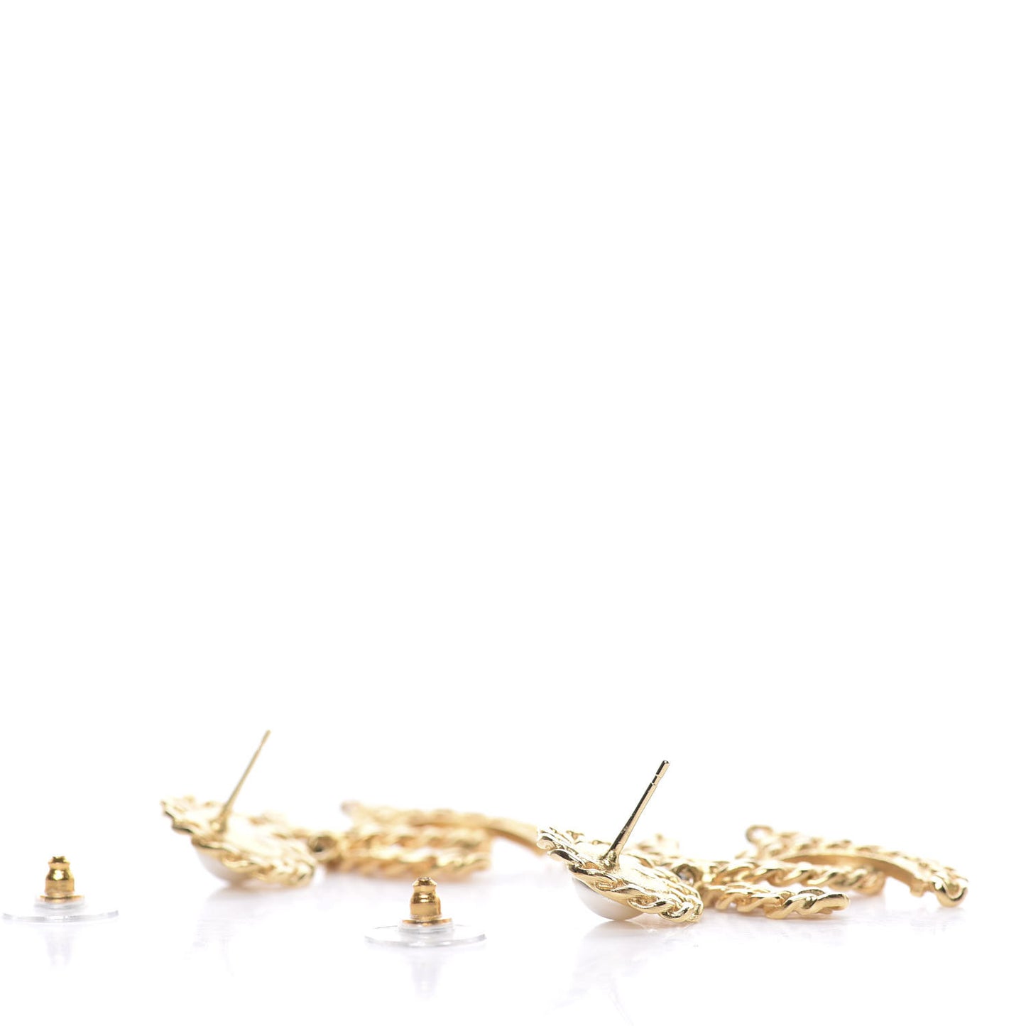 Metal Pearl CC Chain Drop Earrings Gold
