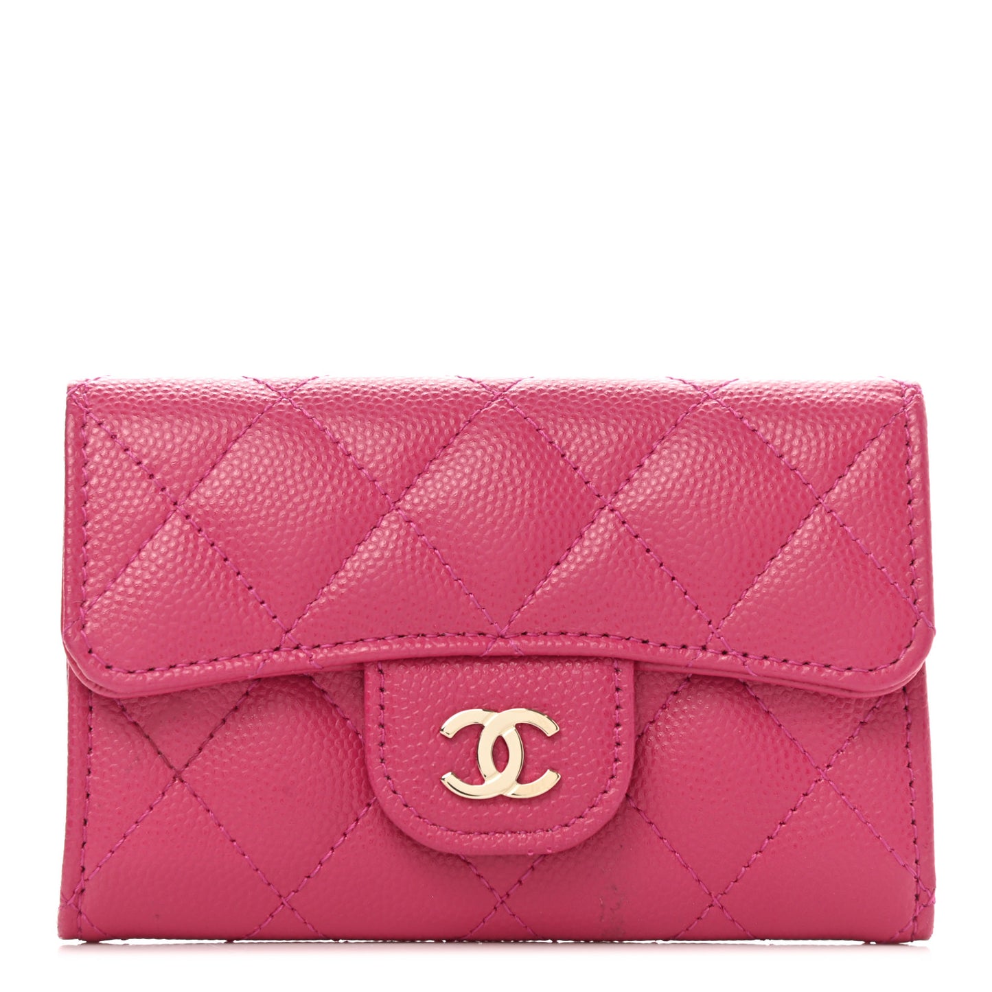 Caviar Quilted Flap Card Holder Wallet Fuchsia