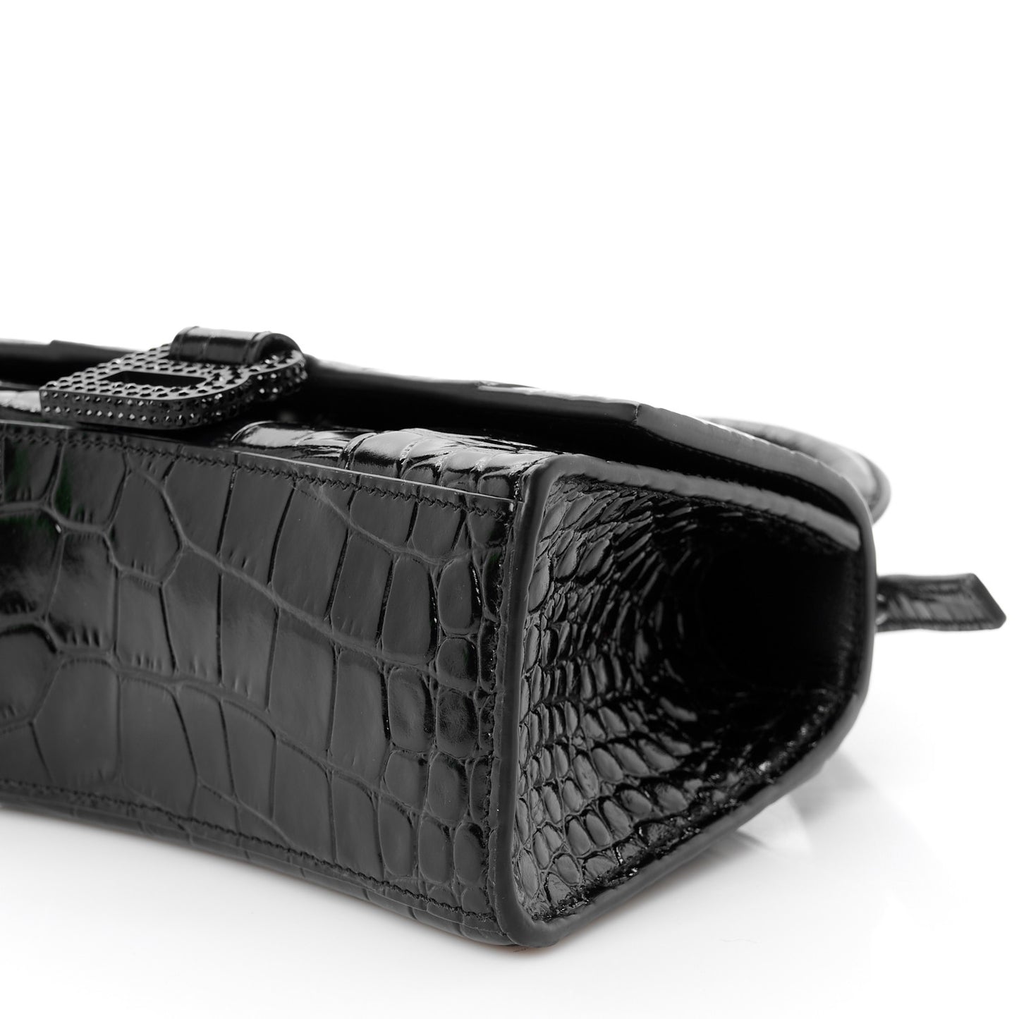 Shiny Calfskin Strass Monochrome Crocodile Embossed Hourglass Top Handle Bag XS Black