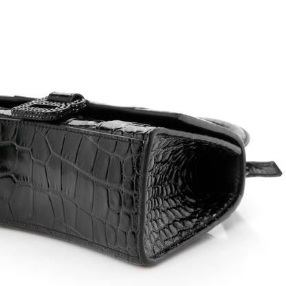 Balenciaga Shiny Calfskin Strass Monochrome Crocodile Embossed Hourglass Top Handle Bag XS Black 9 of 9