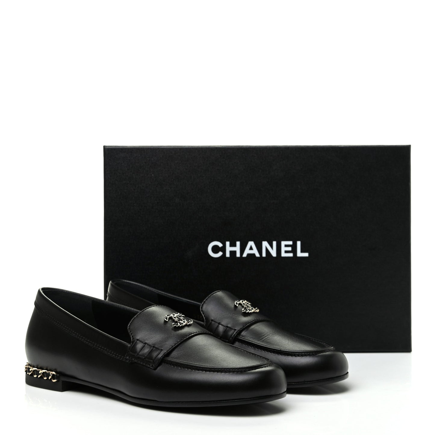 Calfskin CC Chain Mocassin Loafers 38.5 Black