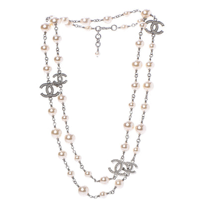 Chanel Crystal Pearl CC Long Necklace Silver 3 of 5