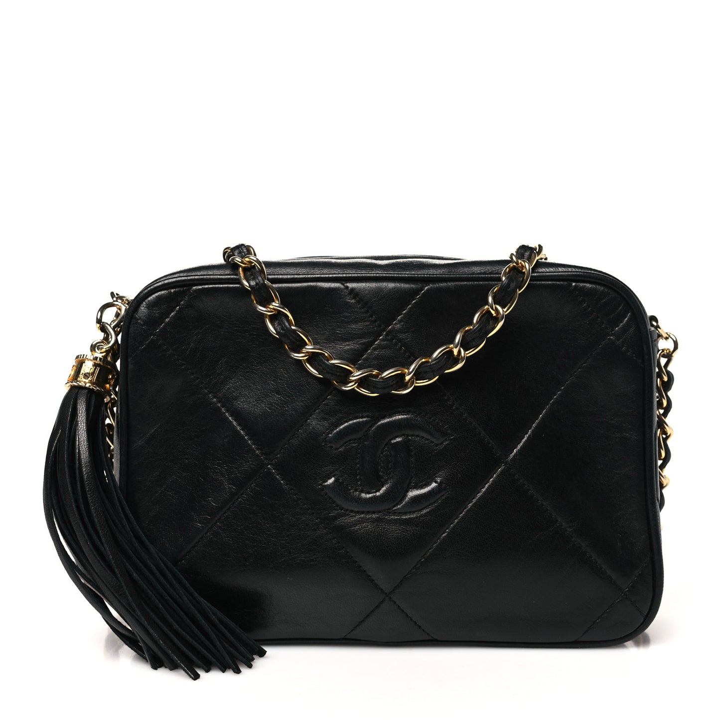 Lambskin Quilted CC Tassel Camera Case Black
