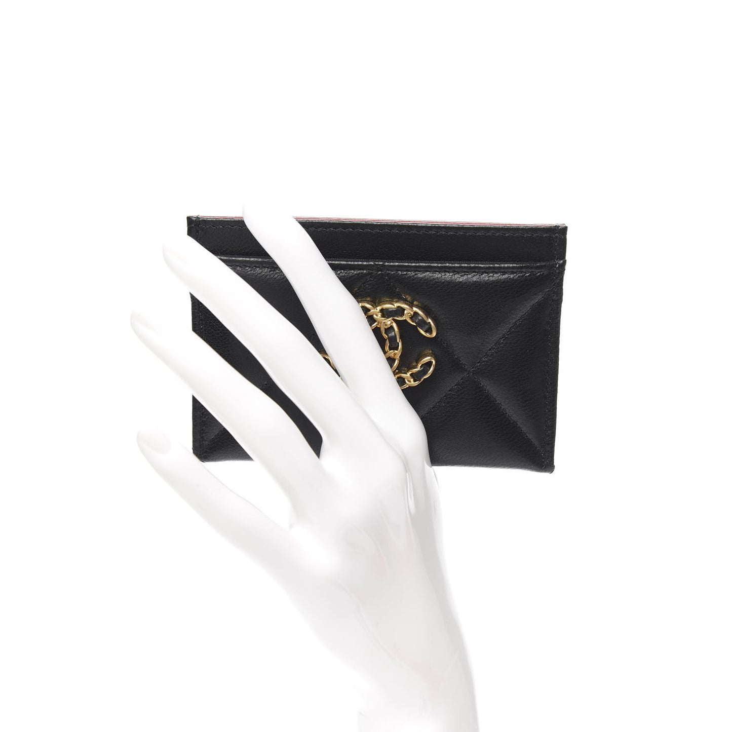 Shiny Goatskin Quilted Chanel 19 Card Holder Black