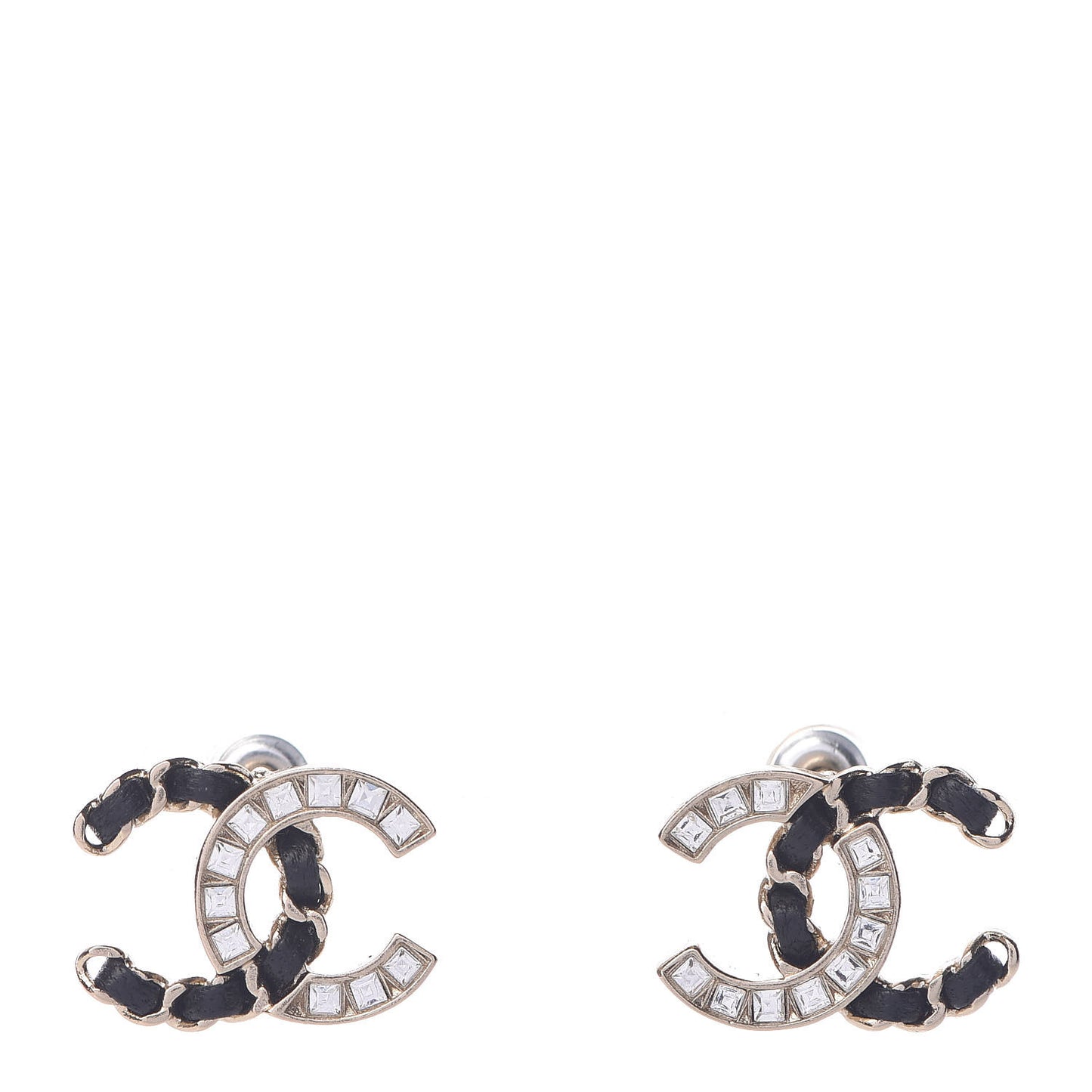 Crystal Baguette Lambskin Chain CC Vintage Allure Stud Earrings Black Gold