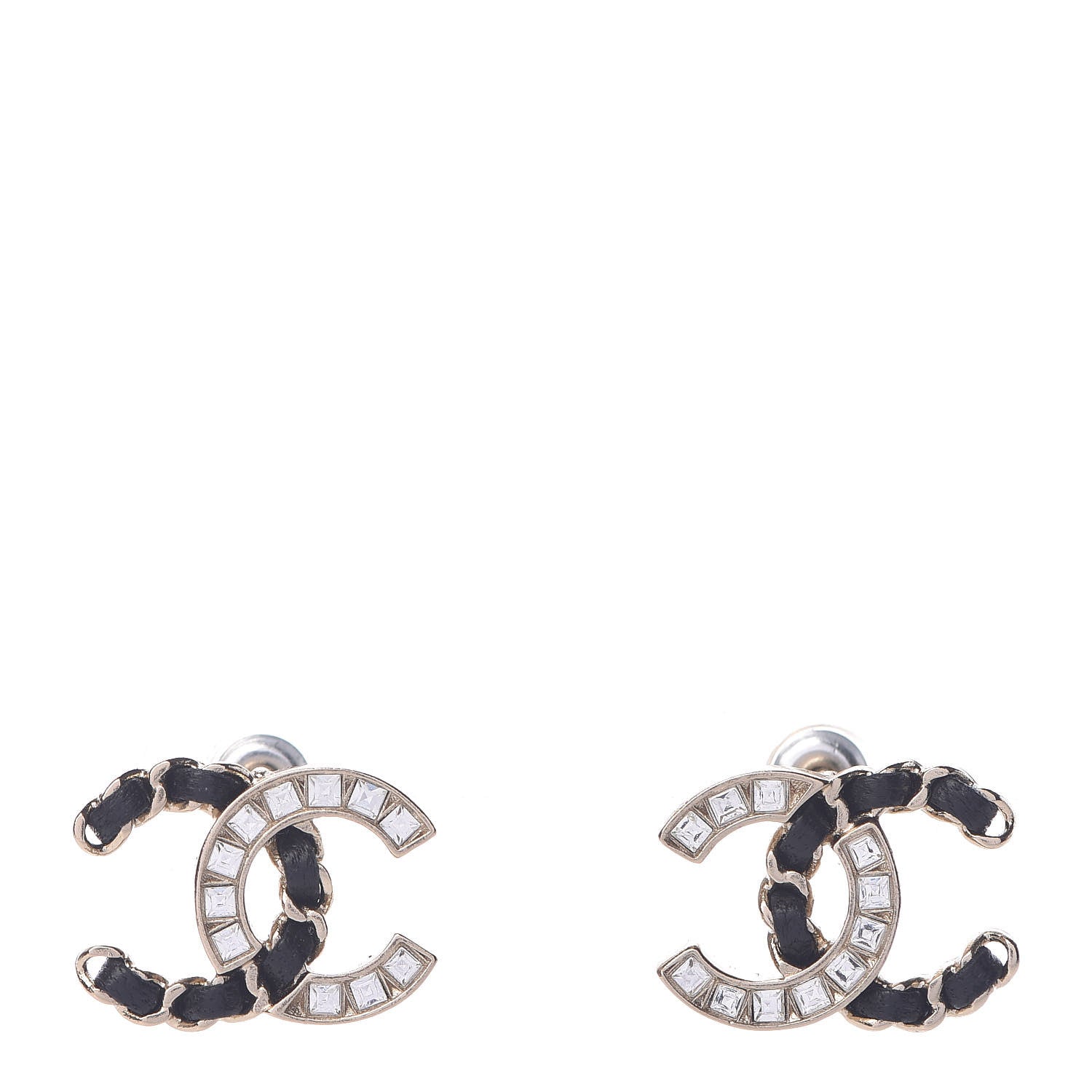 Chanel Crystal Baguette Lambskin Chain CC Vintage Allure Stud Earrings Black Gold 1 of 5