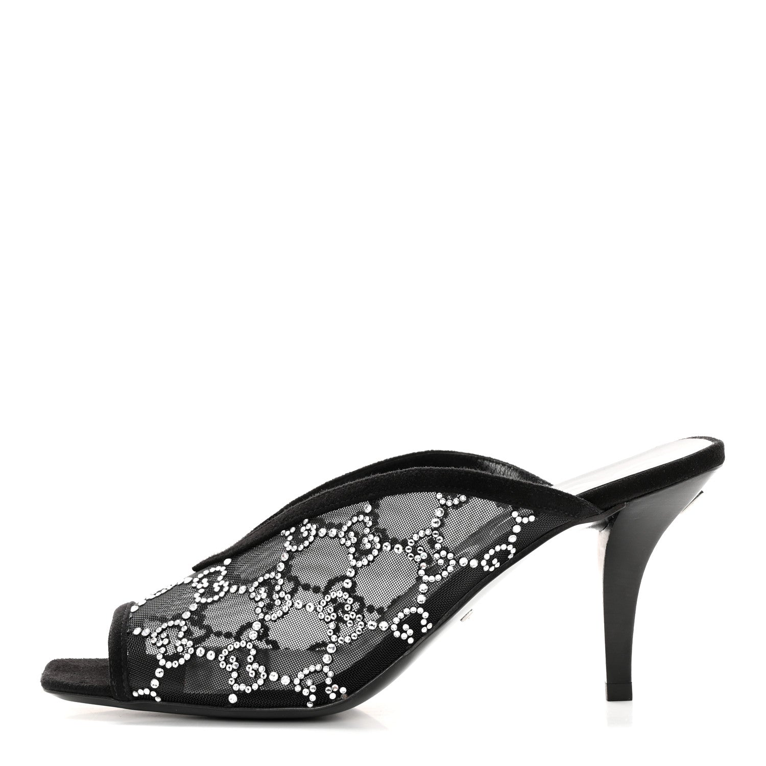 Gucci Tela Retino Kid Scamosciato Crystal GG Monogram Square G 95mm Slide Sandals 37.5 Black 1 of 12