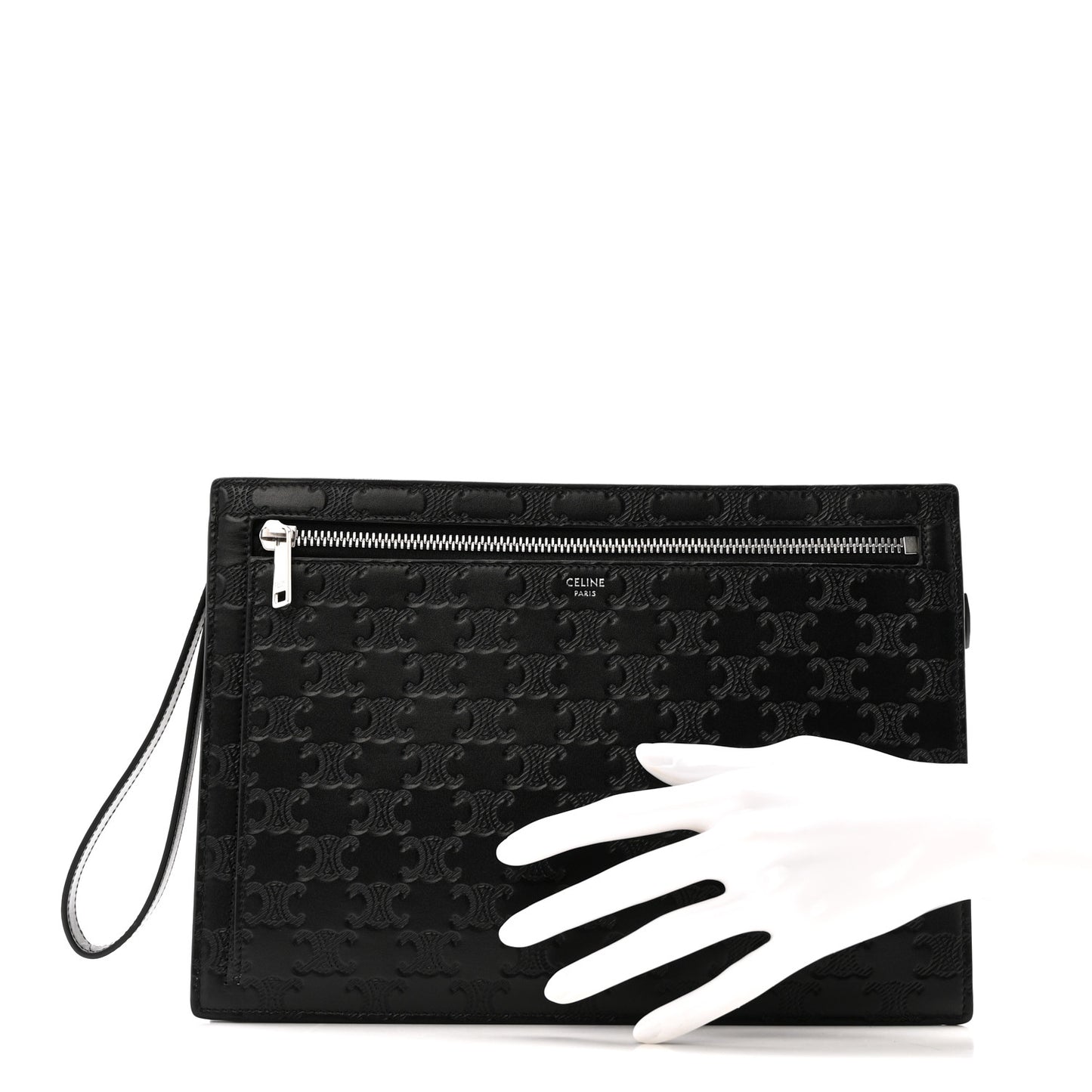 Calfskin Triomphe Embossed Pouch With Strap Black