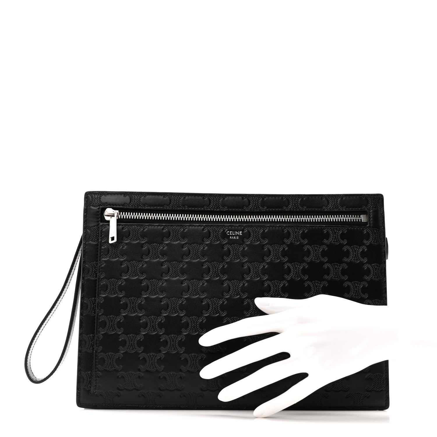 Celine Calfskin Triomphe Embossed Pouch With Strap Black 2 of 8