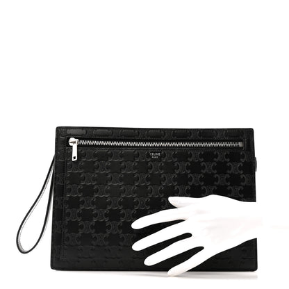 Celine Calfskin Triomphe Embossed Pouch With Strap Black 2 of 8